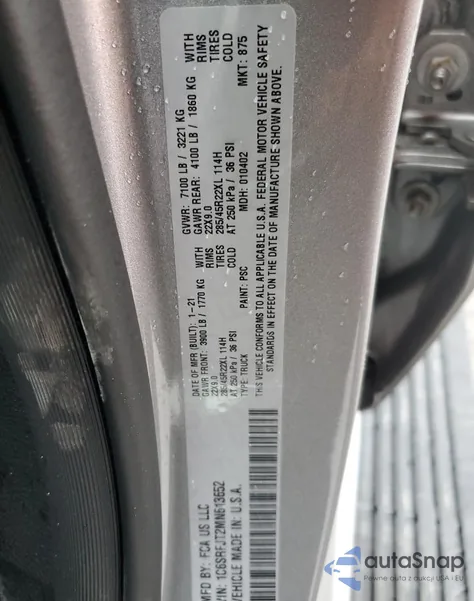 2021 Ram 1500 Laramie из США, поврежденный, VIN 1C6SRFJT2MN613652